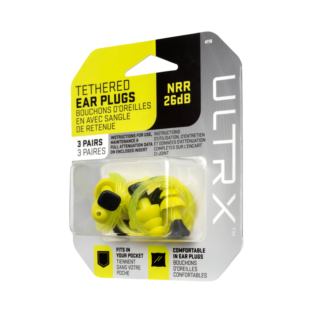 ULTRX Tethered Silicone Ear Plugs, 3-Pairs, Yellow