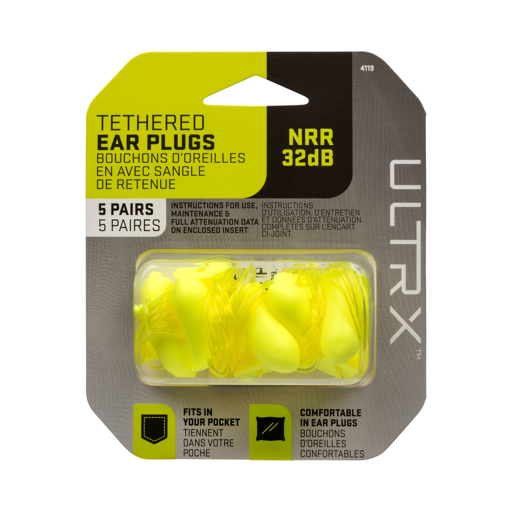 ULTRX Tethered Tapered Foam Ear Plugs, 5-Pairs, Chartreuse