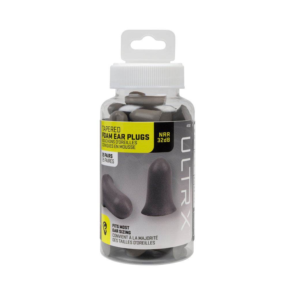 ULTRX Tapered Foam Ear Plugs, 25-Pairs / Jar, Gray