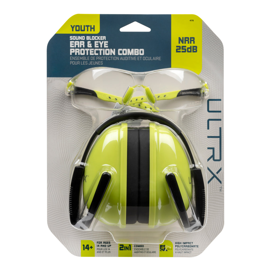 ULTRX Sound Blocker Youth Ear and Eye Protection Combo, Lime